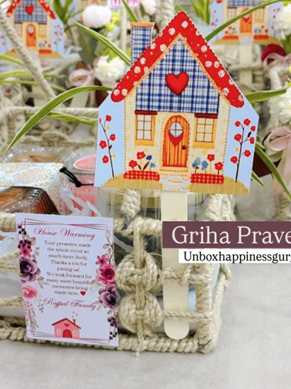 A close-up of the personalized card and 'Griha Pravesh' tag, showing how I customize each favor to match the event.