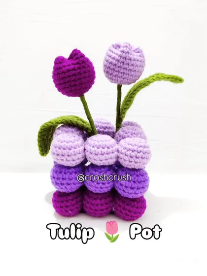 A clear shot of the purple tulip pot with "Tulip Pot" text overlay, showing the full product.