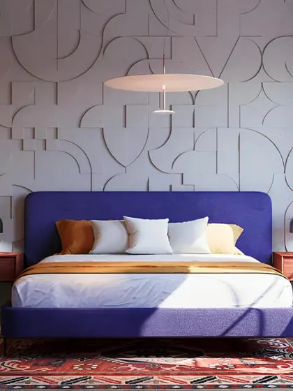 This bedroom has a cool, retro vibe with its purple bed and geometric wall paneling. The mix of colors and textures creates a fun and eclectic space.