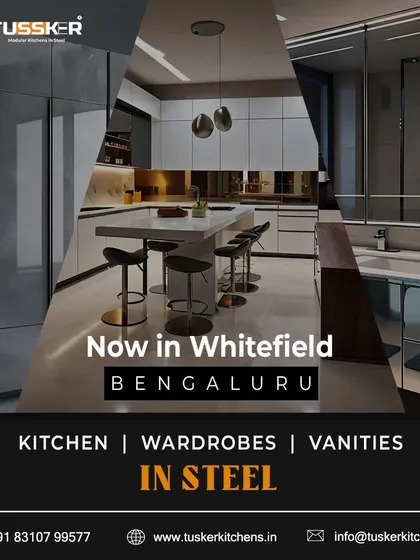 We are proud to be present in Whitefield, Bengaluru. This image collage features a modern kitchen with a breakfast counter and a sleek grey wardrobe, representing the high-end, integrated solutions we offer for your entire home.