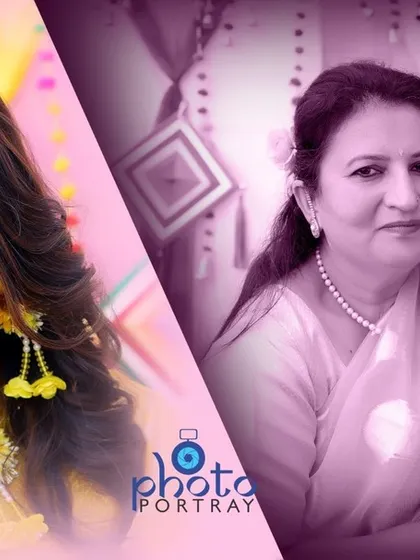 A stylish album layout combining a playful portrait of the bride with a classic mother-daughter photo from the Haldi ceremony.