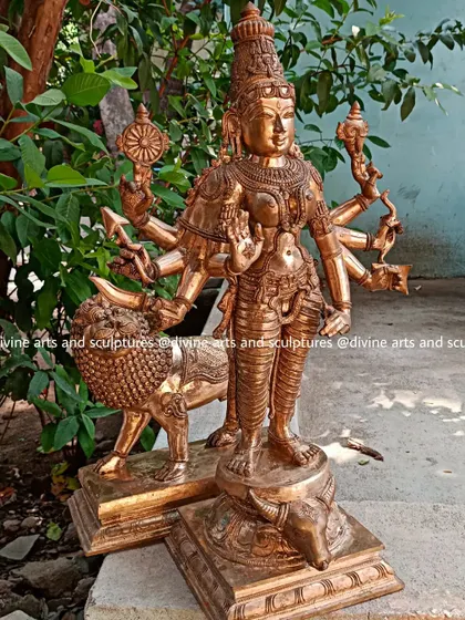 A stunning Panchaloha icon of Sri Durga, standing with her lion and on the head of the demon Mahishasura. This piece, destined for Singapore, is a powerful symbol of the victory of good over evil.