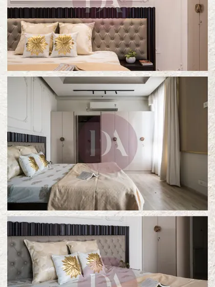 A collage showcasing different angles of a luxurious master bedroom. The design features a tufted headboard, elegant white wardrobes, and gold-accented cushions, creating a cohesive and sophisticated look.