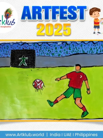 A senior artist's depiction of a soccer player scoring a goal in a packed stadium.