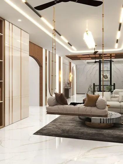This render provides another view of the luxurious living room, focusing on the custom cabinetry and the interplay of different lighting sources to create a warm and inviting ambiance.