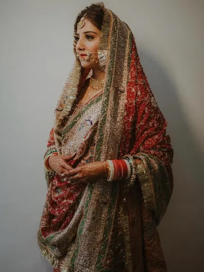A classic, poised portrait of a bride wearing her mother's vintage wedding attire.