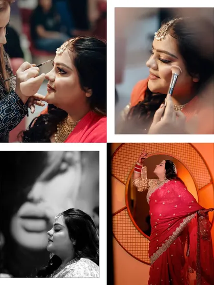 A collage showing the bride's getting-ready process, from makeup application to her final look.