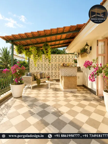 A sun-drenched terrace with a beautiful tiled roof pergola. The space is styled with bougainvillea, hanging plants, and comfortable seating, creating a Mediterranean-inspired oasis perfect for relaxing.