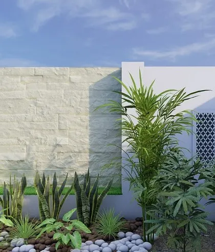 This view from our 3D design highlights the use of Japanese-style window screens on the wall to add an architectural element to the garden space.