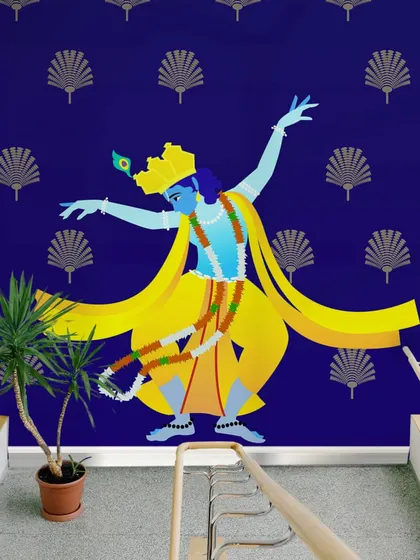 A hallway featuring our Dancing Lord Krishna wallpaper becomes a gallery of divine art. The powerful imagery and rich blue background make a striking visual statement.