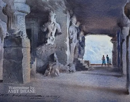 A watercolour demonstration I did at the Elephanta Caves. It was a special experience to paint the stone sculptures while being right there, surrounded by their history and energy.