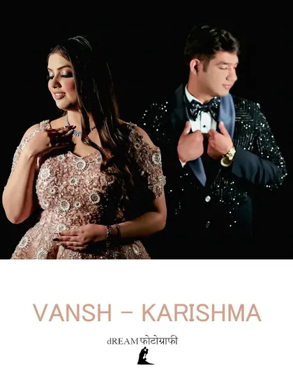 A stylish portrait of Vansh and Karishma, showcasing their coordinated outfits for their ring ceremony.
