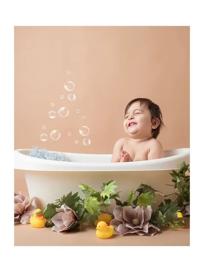 Pure joy during a bubble bath milestone session. This setup is perfect for babies who can sit up and love to splash and play.