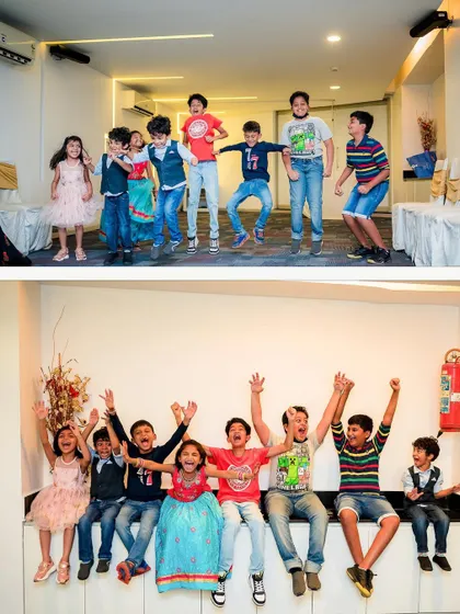 A collage capturing the dynamic energy of kids at a party, from jumping in the air to sitting together with big smiles. These are the moments they'll love looking back on.
