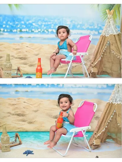 A two-photo collage showing the baby girl enjoying her beach day. The setup includes a miniature tent and a bright pink chair, creating a fun and colorful seaside scene.