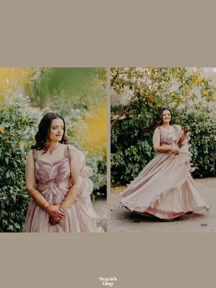 A diptych of the bride twirling in her beautiful pink sangeet gown, set against a backdrop of lush greenery.
