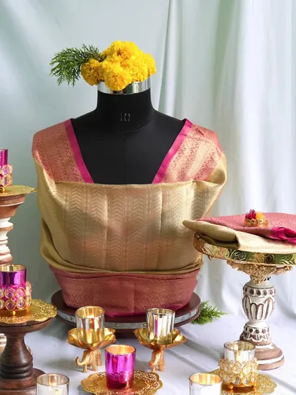 A full view of our Benarasi thamboolam blouse piece, elegantly draped on a mannequin. This is a premium gift that speaks of quality and tradition.
