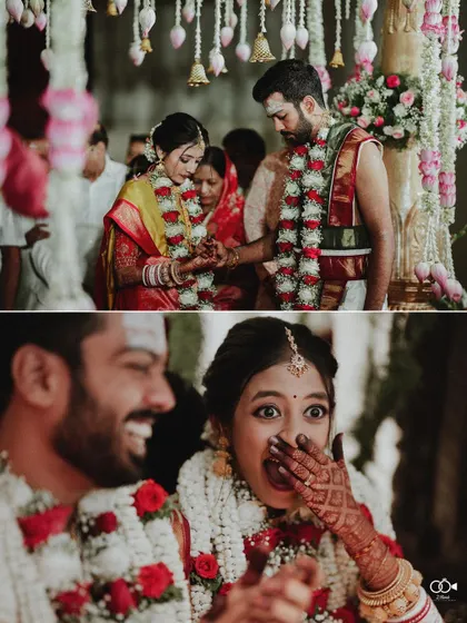 A diptych capturing the bride's surprised and joyful reaction during a fun wedding ritual.