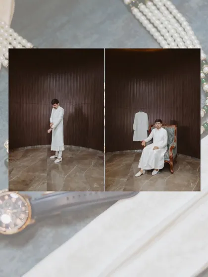 A collage of the groom getting ready, showcasing his elegant attire and the details of his wedding look.