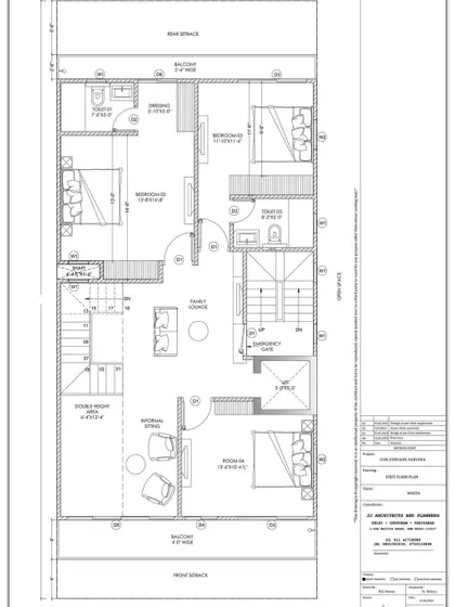 The first-floor plan for the Gurgaon duplex. This layout includes three bedrooms and a central family lounge, showing efficient planning for a multi-generational family home.