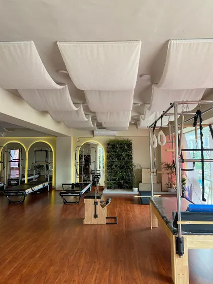 The combination of warm wood floors, arched mirrors, and the living wall creates a unique and harmonious workout environment.