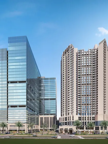 An alternate view of the Airoli mixed-use development, emphasizing the distinct architectural identities of the commercial and residential towers. The design ensures that while integrated, each component is optimized for its specific function, from corporate efficiency to residential comfort.