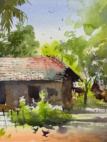 A fast and loose watercolor landscape, focusing on capturing the morning light and atmosphere of a village scene.