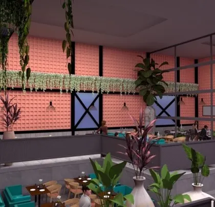 A vibrant and modern restaurant design with abundant greenery, including hanging plants and vertical gardens. The multi-level seating and colorful furniture create a lively and energetic dining environment.