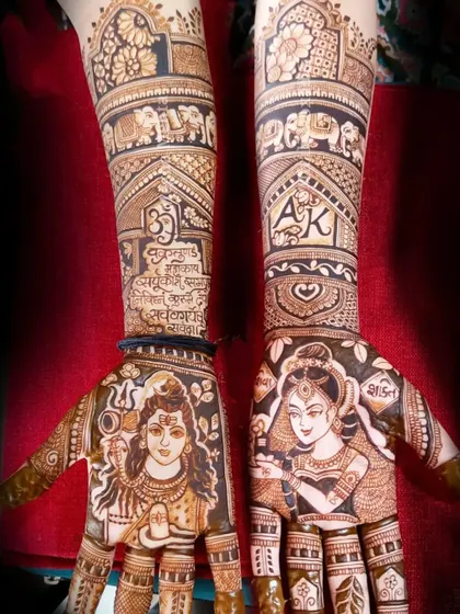 A close-up of the Shiva and Parvati portraits from the previous image, highlighting the detail and expressions.
