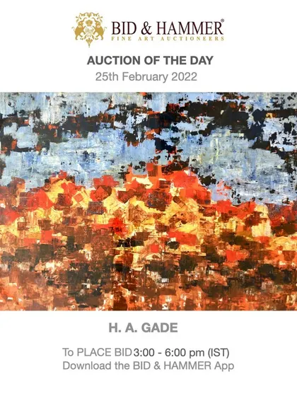This is an oil on canvas titled 'Housing Complex' by H.A. Gade, a founding member of the Progressive Artists' Group. Created circa 1960, his style uses geometrically delineated structures and a cubist-inspired palette to create abstract yet evocative landscapes.