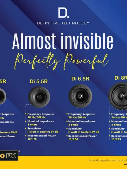 The Definitive Technology DI Series offers a range of "Almost Invisible, Perfectly Powerful" in-ceiling speakers. From the DI 4.5R to the DI 8R, each model is engineered for impressive sound without the visual intrusion of freestanding speakers.