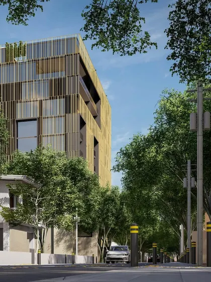 The Chennai residential project seen from the street. The bronze screen provides privacy and solar shading for the residents, while creating a refined and sophisticated architectural expression that stands out without being loud.