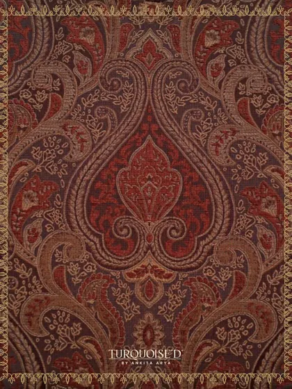 This is a close-up of my Jamawar-inspired Begum Jaal wallpaper in a rich, royal red. The intricate paisley and floral patterns are designed to capture the opulence and grandeur of historic woven robes and shawls.