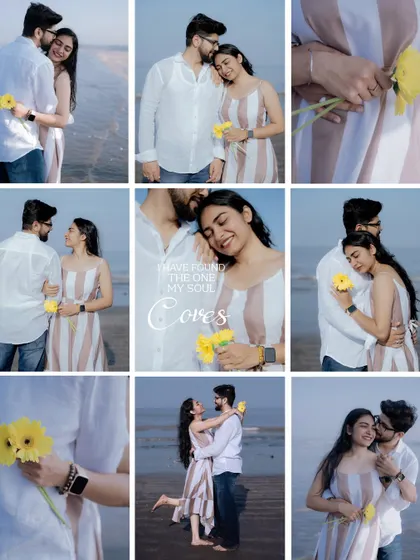 This collage focuses on the small, tender details of a couple's interaction, like holding a flower and sharing a quiet embrace by the sea.