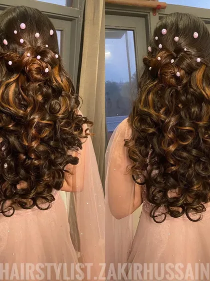 A collage showing the pearl-accented half-updo from different angles, highlighting the bouncy curls.