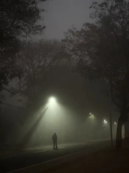 A silhouette of a person standing under a streetlight on a foggy night. A mysterious and atmospheric shot that tells a story with light and shadow.
