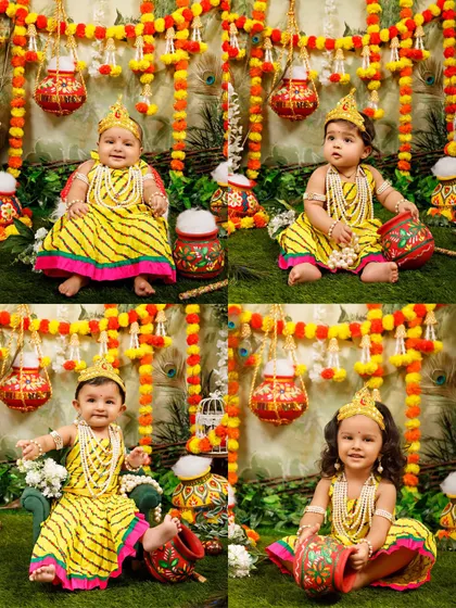 A collage of the adorable Radha outfits available for the Janmashtami mini sessions.