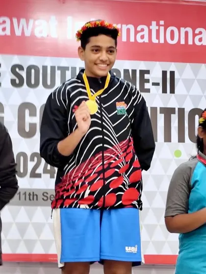 Vedika Satre on the podium after winning her gold medal at the CBSE South Zone II Boxing Championships.