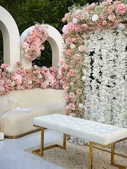 Another view of the beautiful pink and white Nikkah stage, perfect for an elegant celebration.
