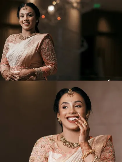 A collage showing a bride in a beautiful peach and silver Kanjeevaram. The blouse features full sleeves made of sheer organza with heavy, intricate embroidery.