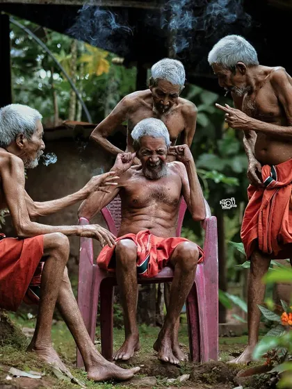 A creative composite image showing four versions of the same elderly man interacting in a playful scene. This photo tells a unique story about aging, friendship, and humor.