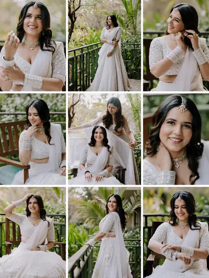 A collage of a bride in an elegant all-white lehenga, posing on a balcony and bench, capturing her serene and graceful getting ready moments.