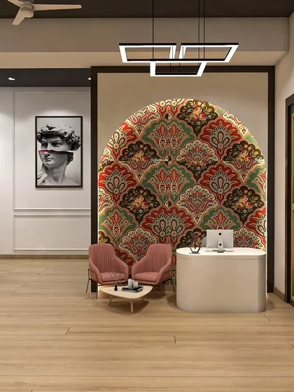 A unique reception area concept featuring a bold, traditional Indian pattern as the backdrop. This design shows how I can incorporate vibrant, artistic elements to make a space truly one of a kind.