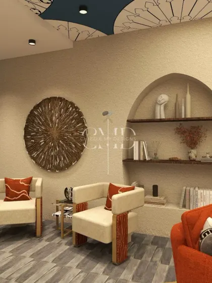 An arched wall niche provides a stylish display for sculptures and books, complementing the eclectic vibe of the music lounge.