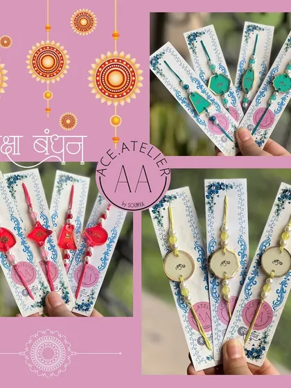 A collage of my handmade resin Rakhis in various geometric shapes and colors. Each one is unique and made with love.