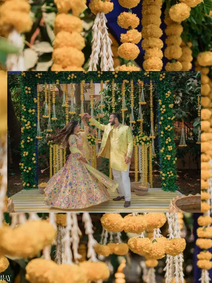 A creative shot of the couple dancing, framed by a cascade of yellow marigolds.