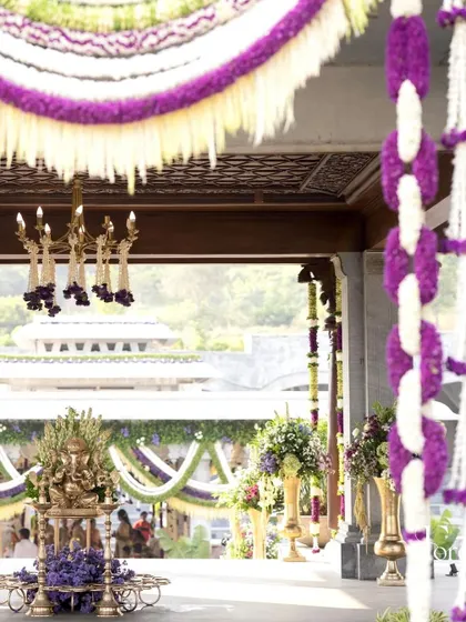 A view of the decor from the entrance, looking towards the main ceremony area.