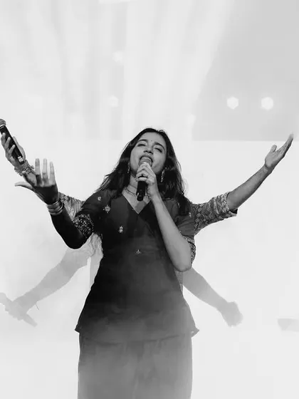 A creative black and white shot that feels like a classic album cover. Love the divine, multi-armed goddess vibe here.