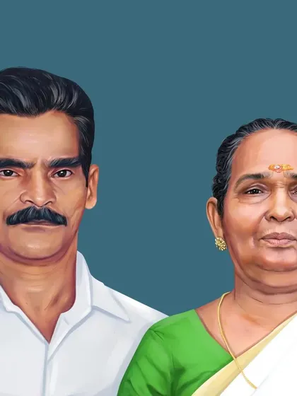 A digital painting created to bring two separate photos of loved ones together into a single memorial portrait.