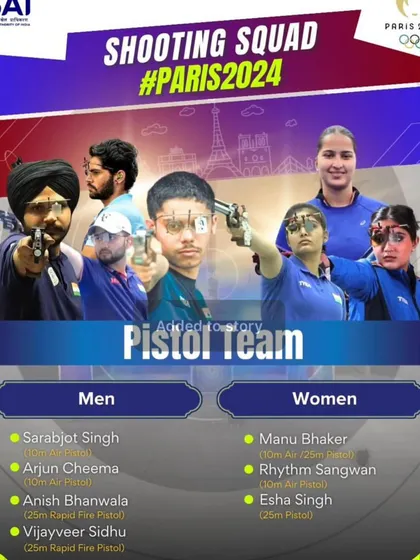 The official announcement of the Indian Pistol Team for the Paris 2024 Olympics, featuring several of my students. This shows our academy's significant contribution to the national team.